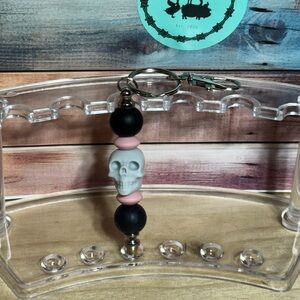 Skull Keychain with Pink and Black Beads